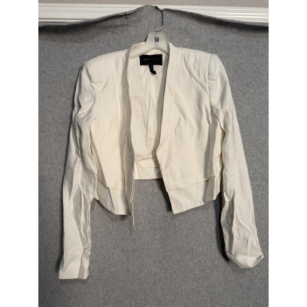 BCBGMAXAZRIA Blazer Womens M White Cropped Open Front Lined Jacket Career